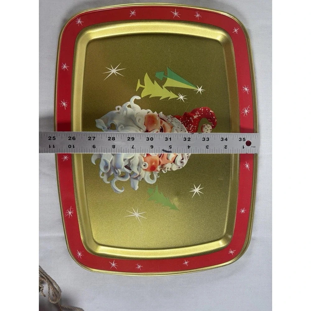 VTG Santa Tray Christmas Atomic Stars Holiday Metal Decorative Gold Retro 11x14